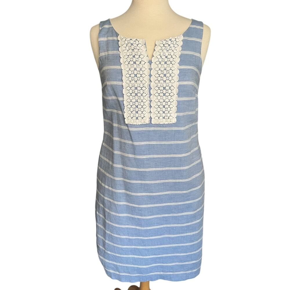 Talbots Sheath Dress Linen Cotton Striped Sleeveless Embroidered Church Size 2
